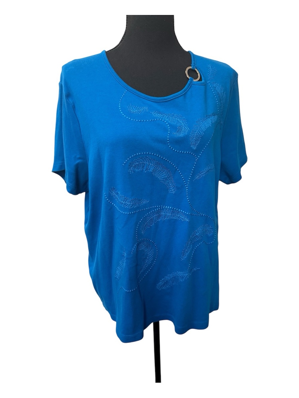 TanJay Blue Embellished Ring Neck Stretch Top XL Casual Career Blouse - Picture 2 of 10